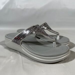 Crocs Boca Sequin Wedge Flip Sandal Lite Ride Comfort Women's Size 5 Silver